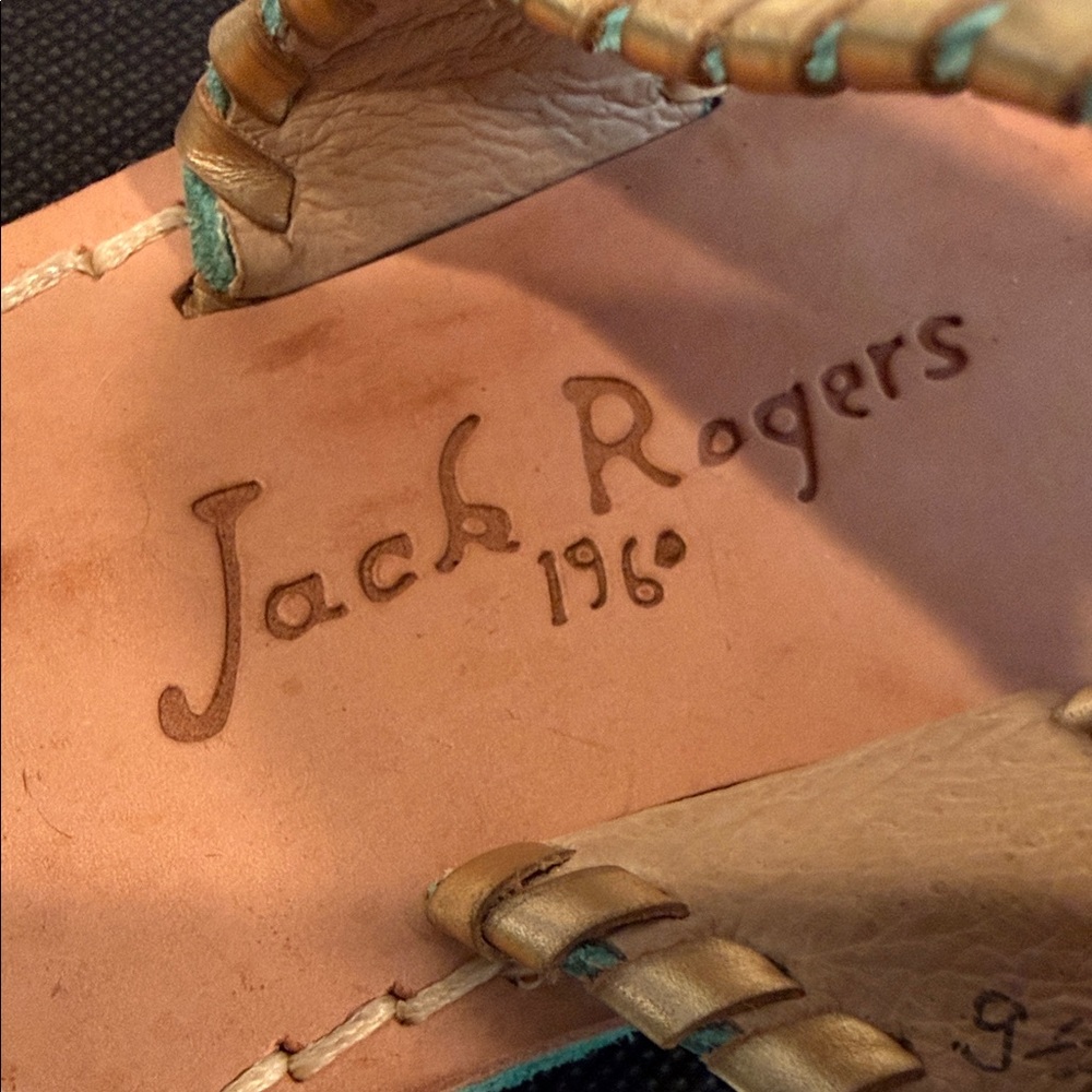 RARE Jack Rogers Pineapple Caribbean Blue w/ Gold Thong Leather Sandals Size 9 - Picture 6 of 8